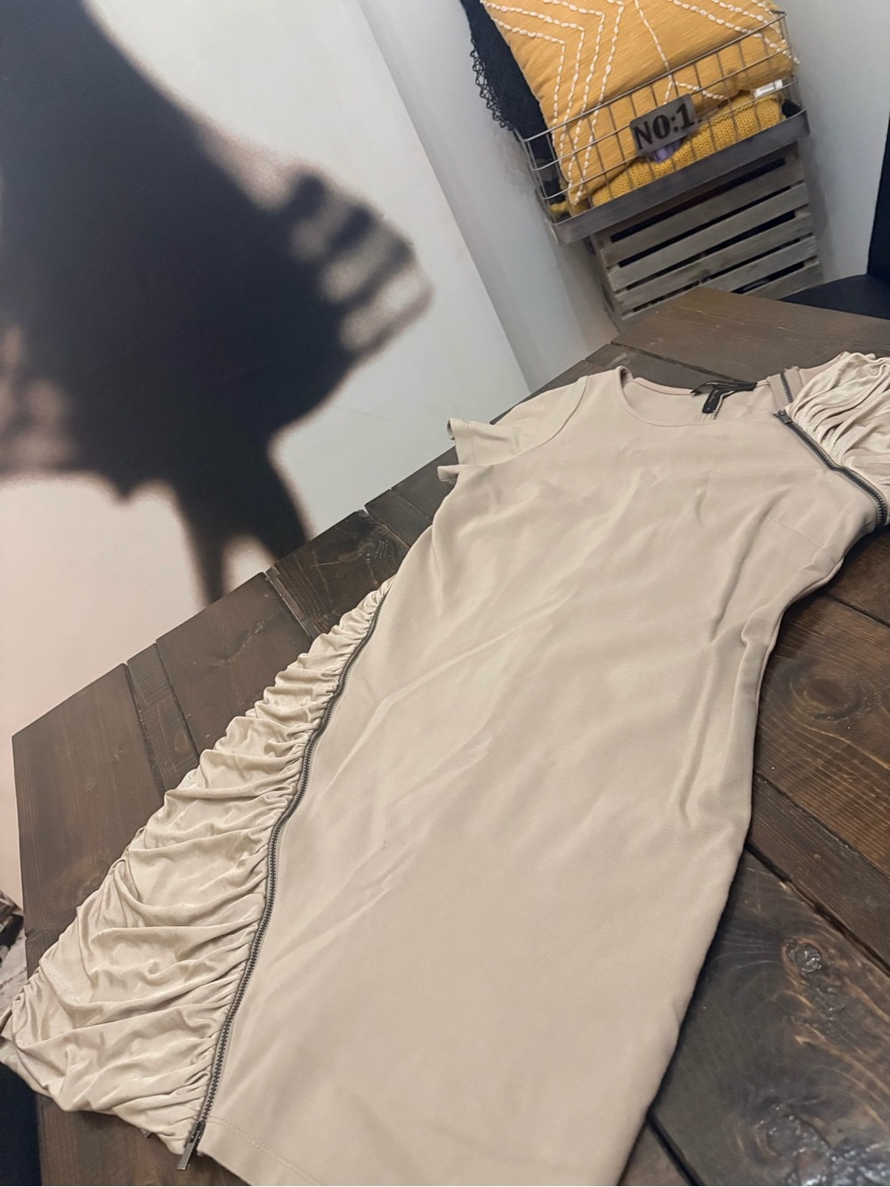 BCBG Beige Ruched Side Zipper Bodycon Dress